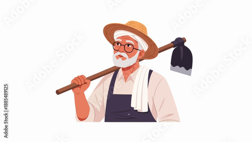 An elderly farmer with a white beard and glasses carries a hoe over his shoulder