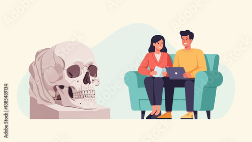 Artistic skull sculpture and people on a sofa with a laptop