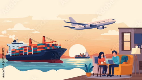 Cargo ship, airplane, and couple with laptop at sunset