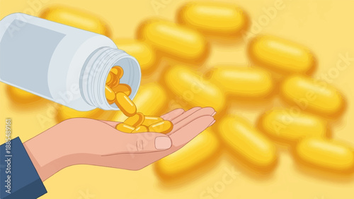 Capsules pouring from a bottle into a hand against a blurry yellow background