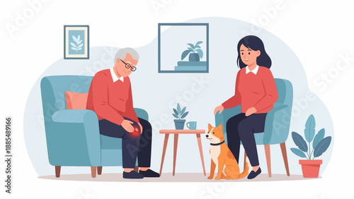 An elderly man experiencing knee pain is comforted by a younger woman and a dog