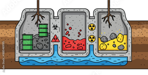 Underground storage facilities illustration showing hazardous waste disposal and contaminated water flow