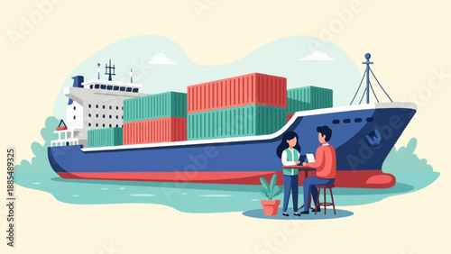 Cargo ship with stacked containers at sea, two people at a small table