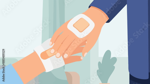 Caring hands, one bandaged, offer support and comfort to another