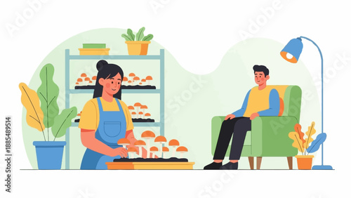 A woman harvests mushrooms while a man relaxes in a chair nearby