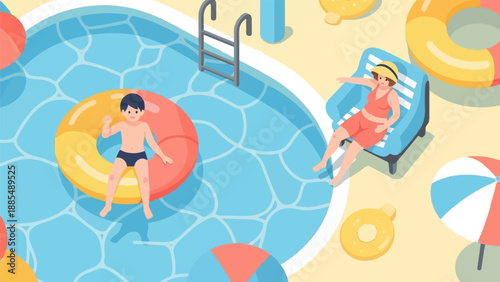 Children and adult enjoy poolside relaxation with inflatables and loungers