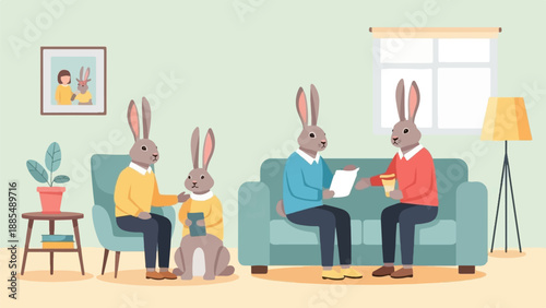 Anthropomorphic rabbits gather for a meeting in a living room