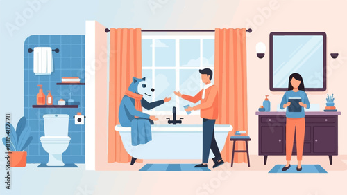 Cartoon characters interacting in a bathroom with hygiene items and furniture