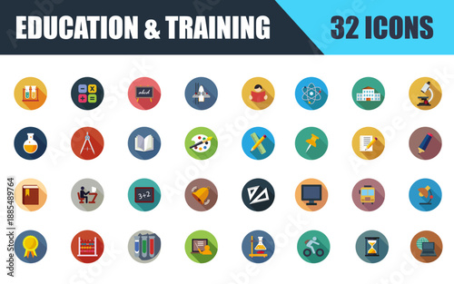 Education and training vector icons set, flat design symbols for learning resources.