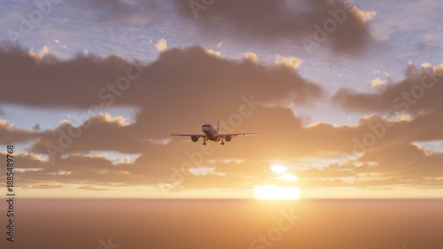 Airplane impressive landing flying overhead. Airplane flies in sunrise sky. Travel. Airplane takes off against the background of sunset sky.