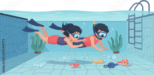 Children snorkel together in a bright blue swimming pool, with small fish below