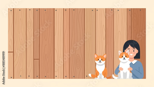 A woman and two dogs on a wooden fence background