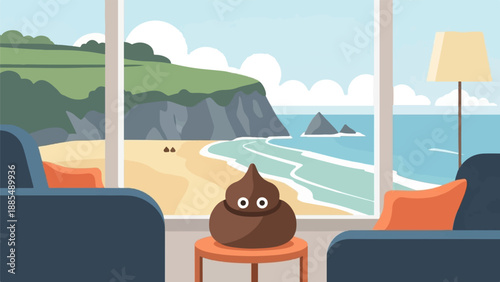 A whimsical poop character sits indoors overlooking a scenic beach with cliffs