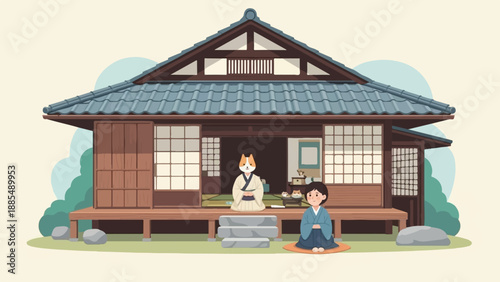 Anthropomorphic cat in traditional attire sits before a human at a Japanese house