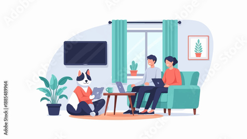 Anthropomorphic canine and couple work on laptops in a living room