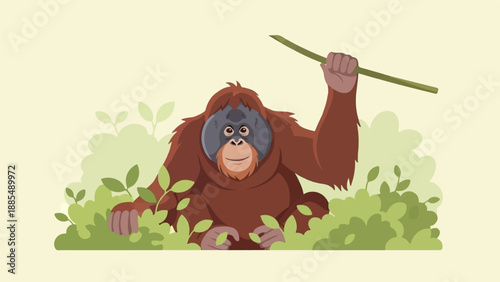 A whimsical orangutan sits amongst lush green foliage, holding a stick
