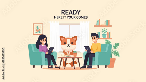 Cartoon characters on sofa with dog and tablets