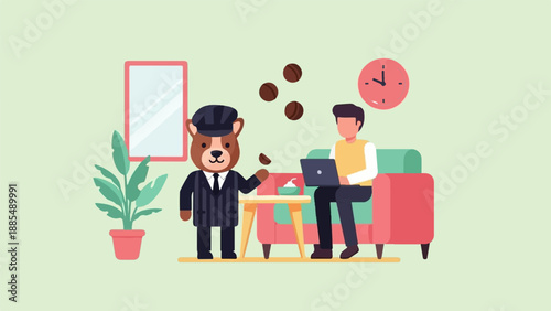 Anthropomorphic bear in suit, human on sofa with laptop, coffee beans, clock