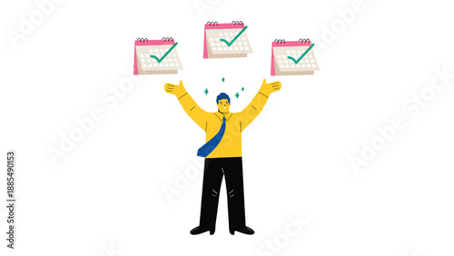 A cartoon man in a yellow shirt and blue tie holding up three calendars with green checkmarks.