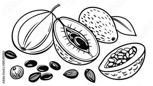A black and white illustration of cacao fruits and seeds, showcasing their unique shapes and textures.