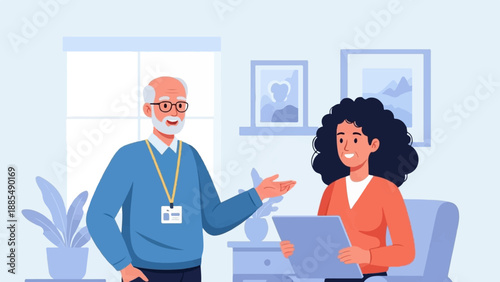 An older man and a younger woman converse indoors, with a plant and artwork visible