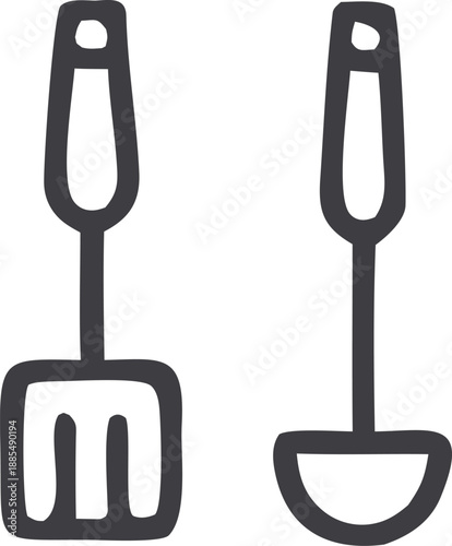 Culinary Tool Duo: A minimalistic illustration features a spatula and a ladle, essential tools for every culinary enthusiast. Representing the core of cooking. 
