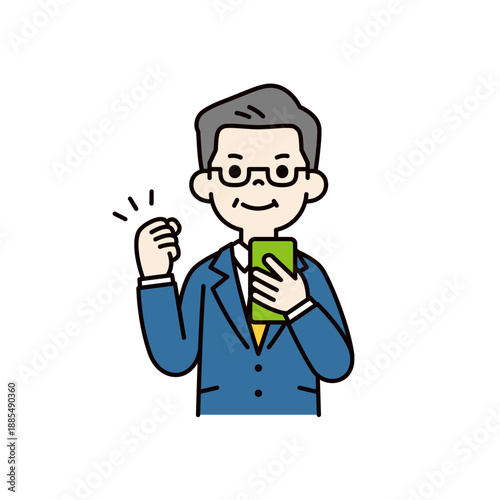 スマートフォンを持ってガッツポーズをする、スーツを着た中高年男性の上半身ベクターイラスト素材