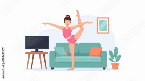 A young woman in a pink leotard practices a yoga pose in a living room