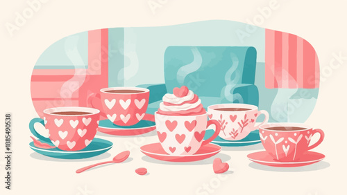 A whimsical collection of decorative cups brimming with hot drinks and topped with whipped cream