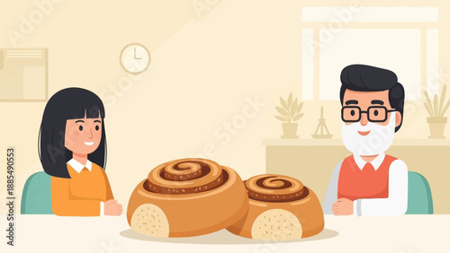A young woman and an older man sit at a table with cinnamon buns between them
