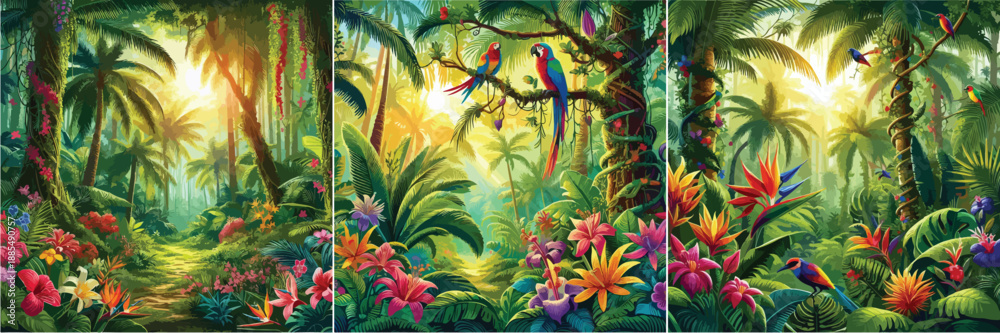 Obraz premium Set of colorful tropical forest vector illustrations