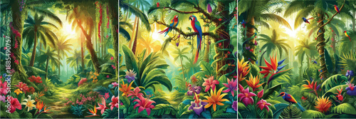 Set of colorful tropical forest vector illustrations