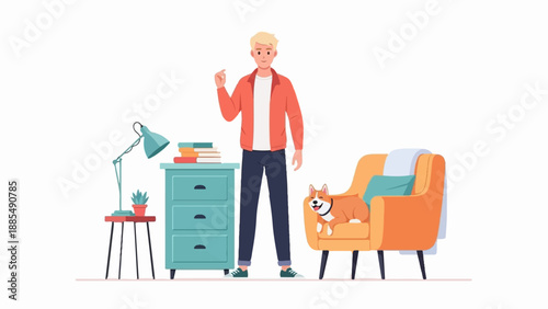 A young man stands next to a teal dresser with books and a lamp