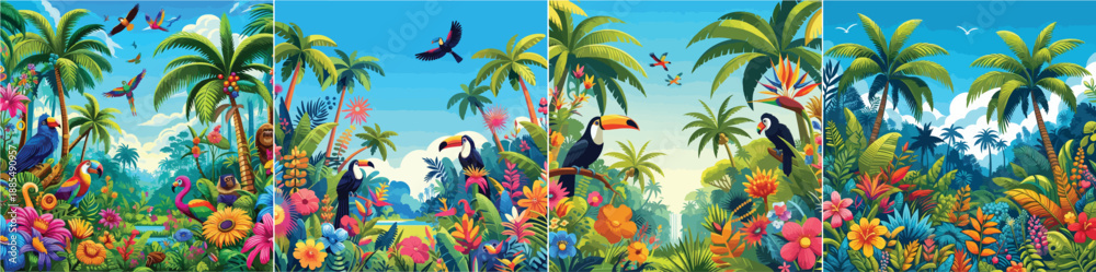 Fototapeta premium Set of colorful tropical forest vector illustrations