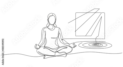 Woman Meditating in Lotus Position with TV.