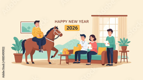 Celebrating New Year 2026 with family, gifts, and a horse in a cozy living room