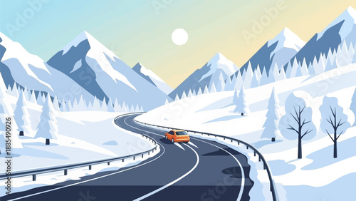 An orange car drives on a winding road through snow-covered mountains
