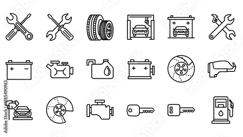 Car Parts and Tools Icons Set.