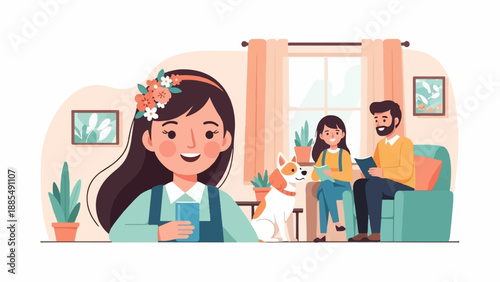 A young girl with flowers in her hair holds a drink, while a family reads