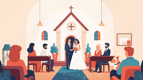 A wedding ceremony takes place inside a church with guests and a dog