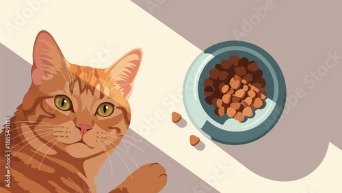 An orange tabby cat peeks from the side, looking towards a blue bowl filled with kibble