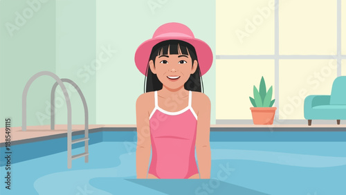 A young girl in a pink swimsuit and hat stands in a swimming pool