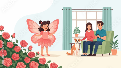 A young girl in a fairy costume interacts with a dog while a couple relaxes