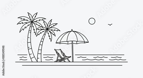 Beach Umbrella and Palm Trees Illustration.