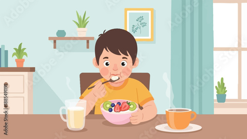 A young boy enjoys a healthy breakfast of yogurt and fruit with milk and coffee