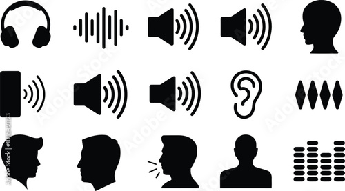 A diverse set of audio and sound related icons for user interfaces and hearing applications