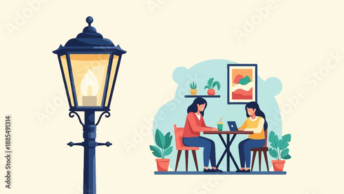 A vintage lamp post stands next to two women working at a cafe table