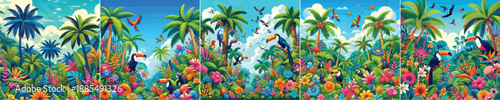 Set of colorful tropical forest vector illustrations