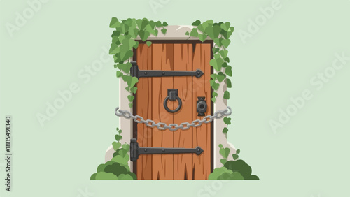 Ancient wooden door with heavy chain and overgrown ivy