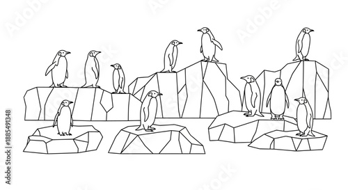 Penguins Standing on Iceberg Rocks Illustration.